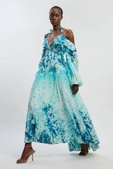 Floral Applique Printed Cold Shoulder Woven Maxi Dress