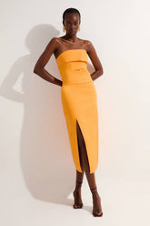 Premium Linen Structured Pleated Bandeau Tailored Midi Pencil Dress