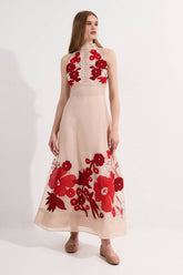 Applique Organdie Buttoned Halter Neck Maxi Dress