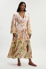 Petite Scattered Floral Balloon Sleeve Pleated Crinkle Cut Out Woven Maxi Dress