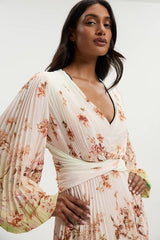 Petite Scattered Floral Balloon Sleeve Pleated Crinkle Cut Out Woven Maxi Dress