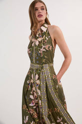 Tall Cotton Sateen Floral Woven Halter Neck Waist Maxi Dress