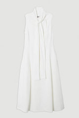 Compact Stretch Viscose Tie Neck Tailored Full Skirted Midi Dress