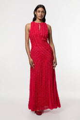 Embellished Ruffle Keyhole Cutout Woven Maxi Dress