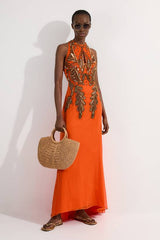 Tall Halter Neck Bugle Bead Detail Woven Maxi Dress