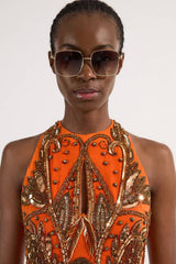 Tall Halter Neck Bugle Bead Detail Woven Maxi Dress