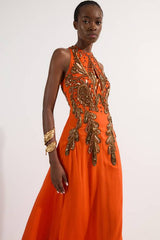 Tall Halter Neck Bugle Bead Detail Woven Maxi Dress