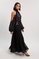 Cold Shoulder 3D Floral Applique Woven Maxi Dress
