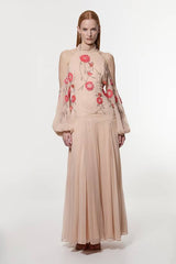 Cold Shoulder 3D Floral Applique Woven Maxi Dress