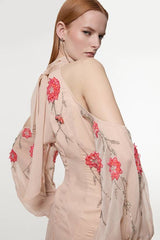 Cold Shoulder 3D Floral Applique Woven Maxi Dress