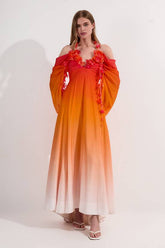 Ombre Applique Printed Cold Shoulder Woven Maxi Dress