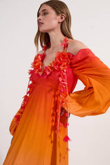 Ombre Applique Printed Cold Shoulder Woven Maxi Dress