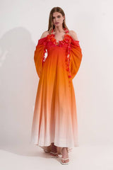 Ombre Applique Printed Cold Shoulder Woven Maxi Dress