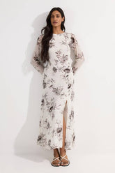 Petite Sheer Viscose Georgette Sketchy Floral Deep V Woven Halter Neck Dress