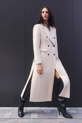 Petite Stripe Wool Double Breasted Tailored Maxi Coat