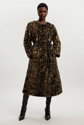 Faux Fur Leopard Collarless Tie Belted Midi Coat