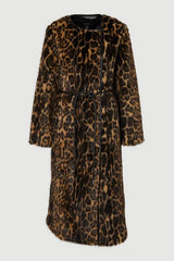 Faux Fur Leopard Collarless Tie Belted Midi Coat