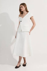 Petite Clean Tailored Asymmetric Collar Belted Full Skirted Tailored Midi Dress