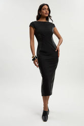 Ponte And Pu Mix Short Sleeve Tailored Pencil Midi Dress