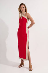 Linen Viscose Colour Block Halter Neck Woven Maxi Dress