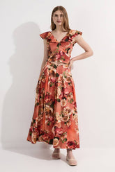 Floral Viscose Linen High Waisted Woven Maxi Skirt