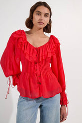 Crinkle Viscose Georgette Pin Tuck Detail Ruffle Woven Blouse