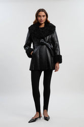 Faux Long Fur Belted Cuff And Collar Coat
