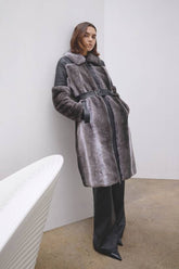Faux Fur & Faux Leather Panelled Biker Belted Long Coat