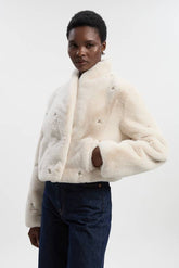 Crystal Embellished Faux Fur Short Coat