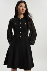 Viscose Blend Mini Knit Dress With Chiffon Sleeve Military Trim