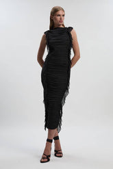 Bandage Mesh Gathered Ruffle Knitted Maxi Dress