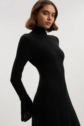 Wool And Alpaca Blend Knit Pleated Silk Woven Cuffs Midi Dress