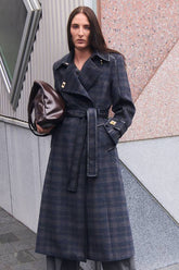 Brushed Wool Check & Pu Trim Belted Tailored Double Breasted Midi Coat