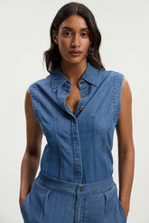 Chambray Stretch Denim Sleeveless Collared Top