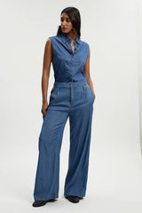 Chambray Stretch Denim Sleeveless Collared Top