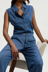 Chambray Stretch Denim Sleeveless Collared Top
