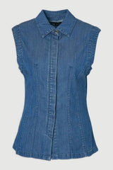 Chambray Stretch Denim Sleeveless Collared Top