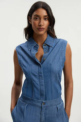 Chambray Stretch Denim Sleeveless Collared Top