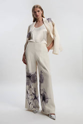 Floral Placement Print Tailored Crepe Pleat Detail Wide Leg Trousers