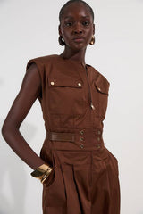 Cotton & Faux Leather Tab Utility Jumpsuit
