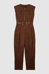 Cotton & Faux Leather Tab Utility Jumpsuit