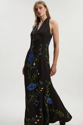 Tall Placed Floral Halter Embroidered Crepe Woven Maxi Dress