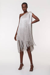 Petite Figure Form Bandage One Shoulder Fringe Mini Knit Dress