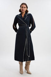 Petite Contrast Tipping Tie Waist Long Sleeve Woven Trench Midi Dress