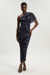 Petite Chain Print Mesh One Shoulder Midi Dress