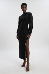 Embellished Figure Form Bandage And Chiffon Sleeve Midi Dress