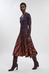 Zebra Jacquard Knit Full Skirted Midi Dress