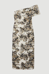 Floral Jacquard Asymmetric Neck Pencil Dress