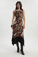 Geo Printed Jersey Crepe Hanky Hem Maxi Dress