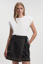 Denim Studded Wrap Mini Skirt